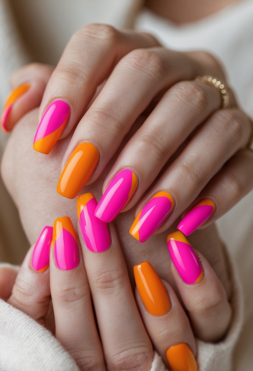 Close-up of hands with pink and orange color-block tipped nails.