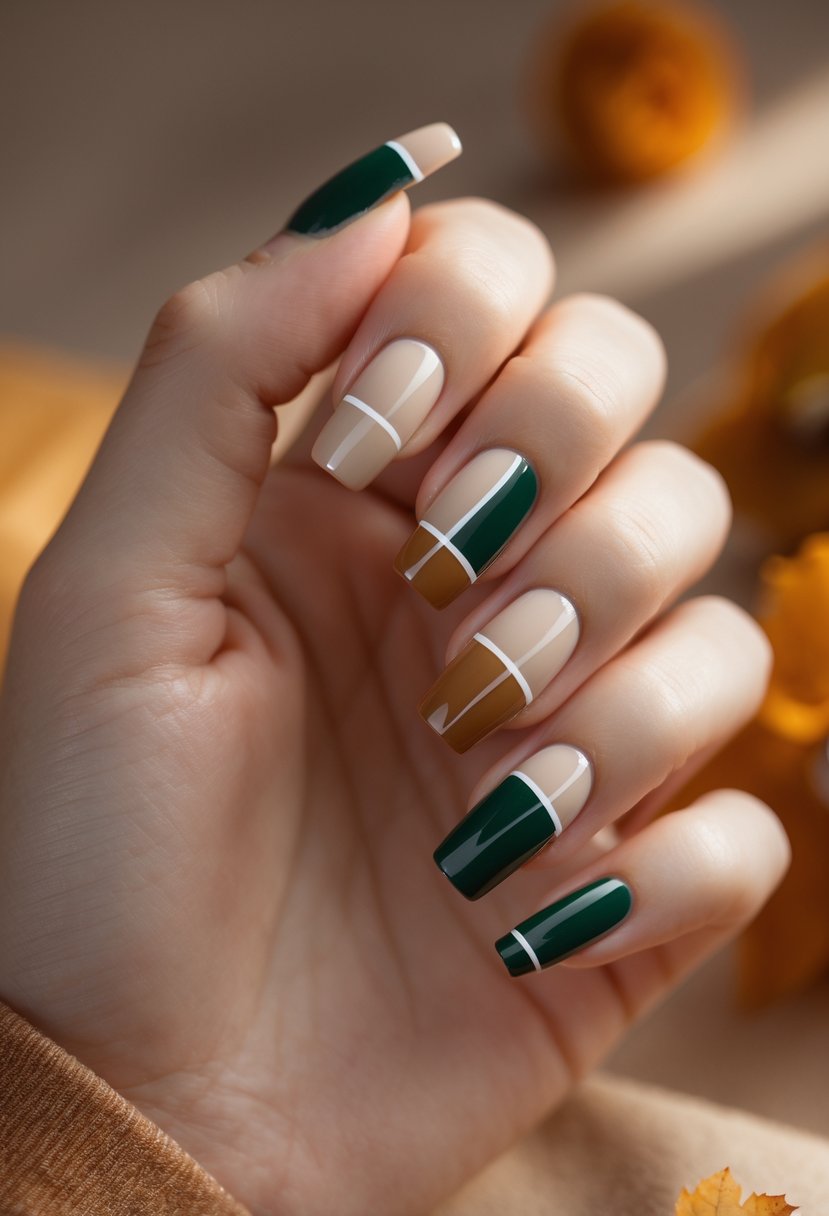 Close-up of a hand with beige and forest green color block painted nails.