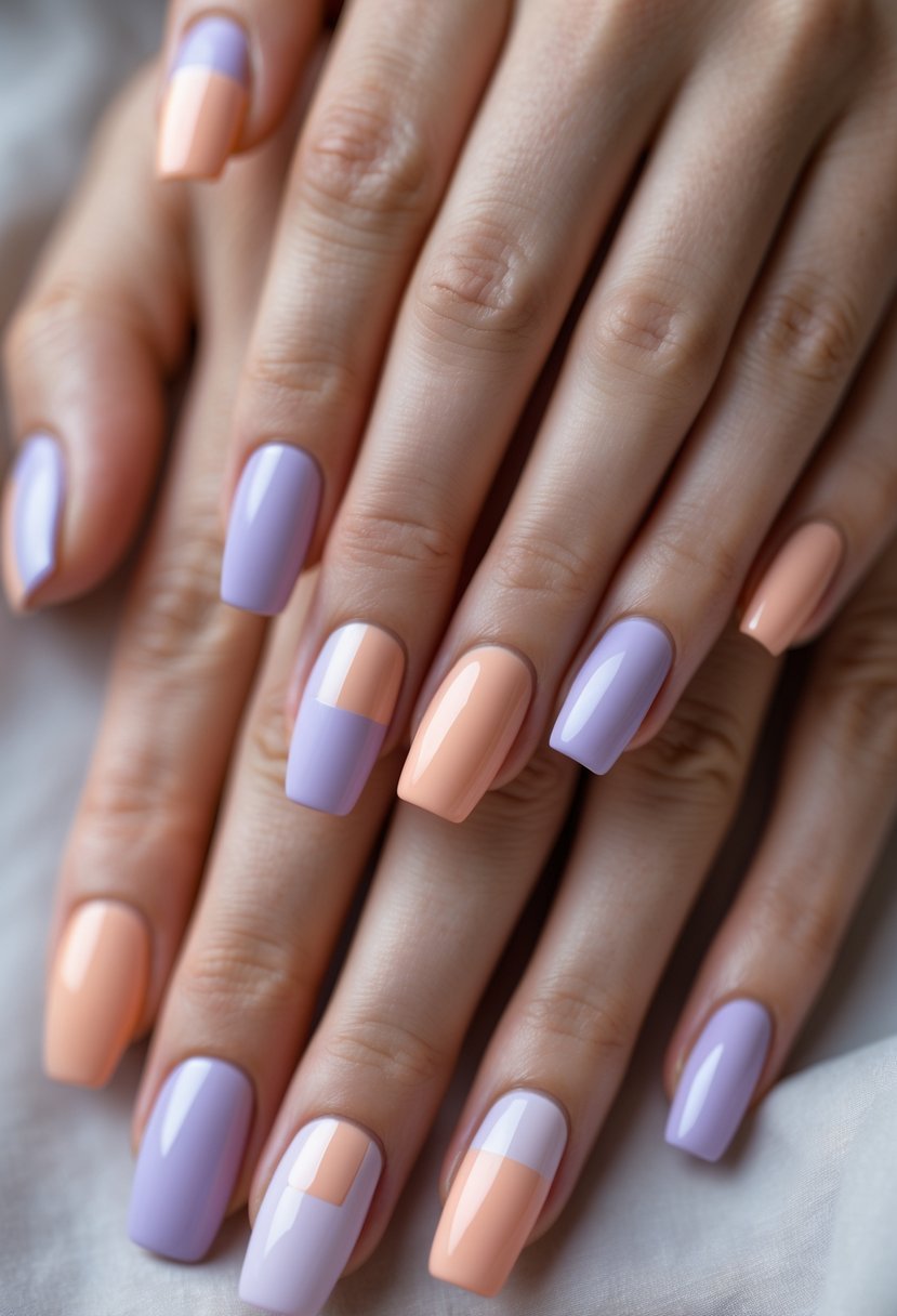 Close-up of hands with pastel lavender and peach color block nails.