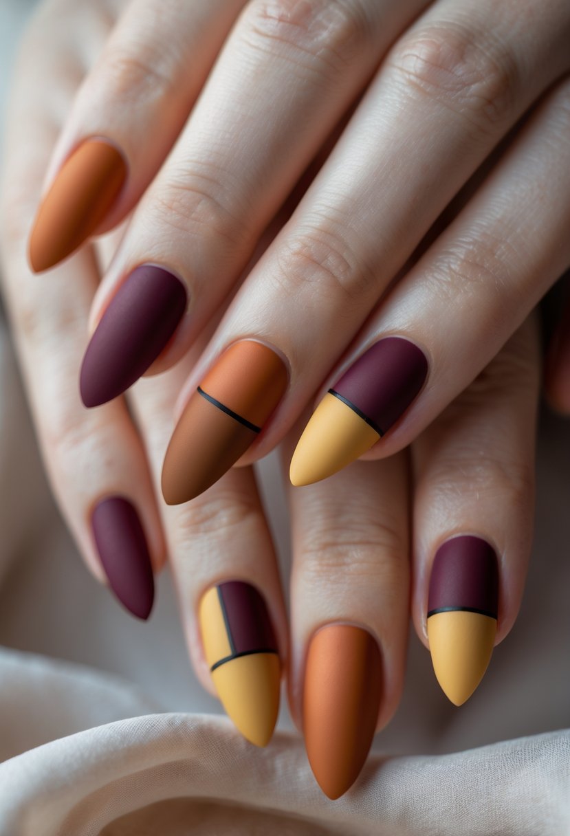 Close-up of hands with almond-shaped nails painted in three fall colors arranged in geometric blocks.