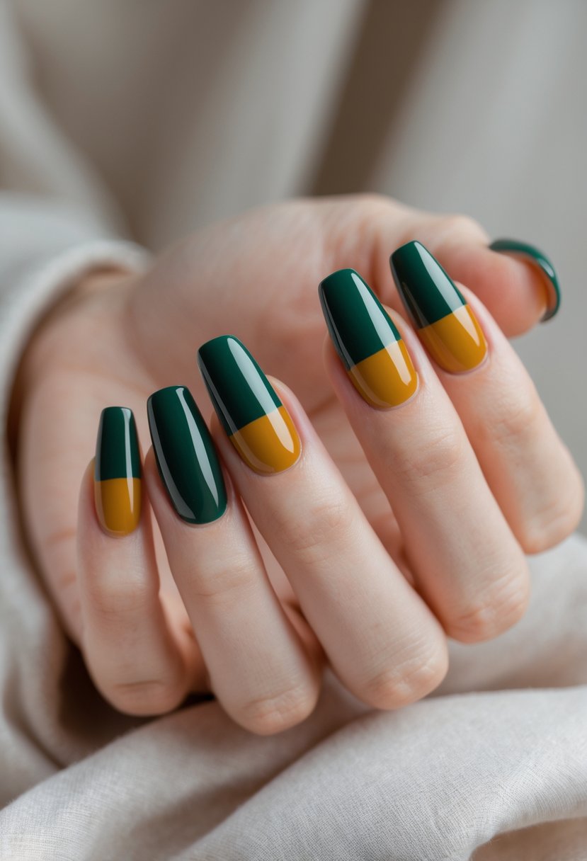 Close-up of a hand with fingernails painted in dark green and mustard yellow color block design.