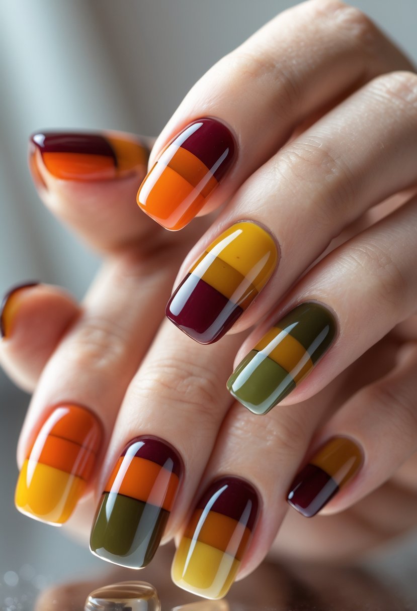 Close-up of a hand showing 18 nails with translucent fall-colored blocks in warm shades.