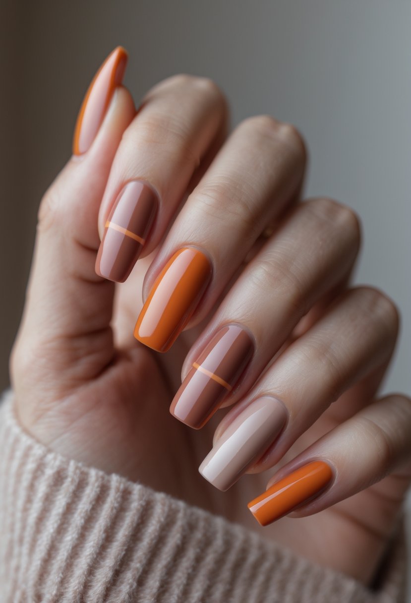 Close-up of a hand with neatly manicured nails featuring burnt orange and dusty rose color block designs.