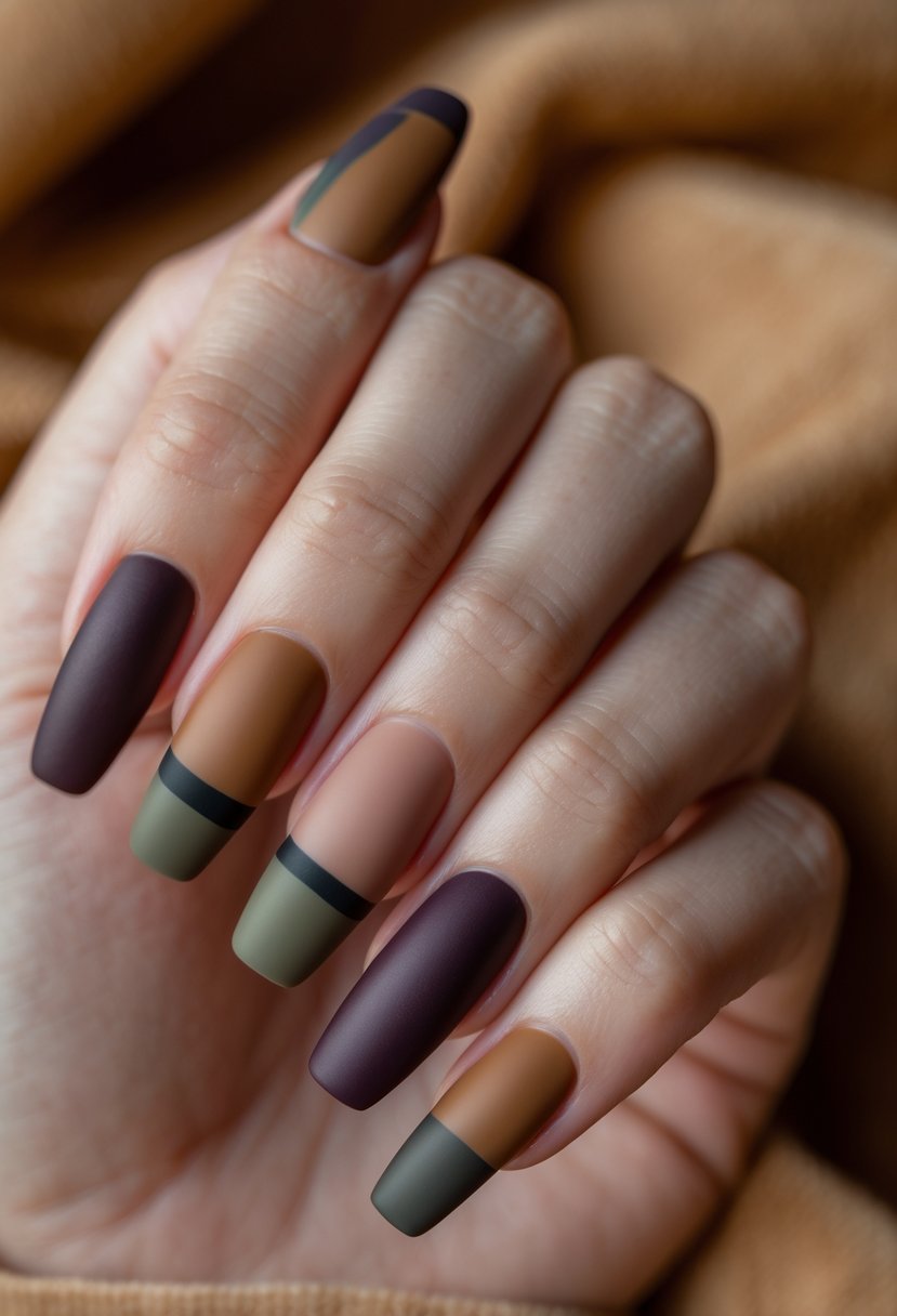 A hand showing 18 nails painted in layered plum, tan, and olive color blocks.