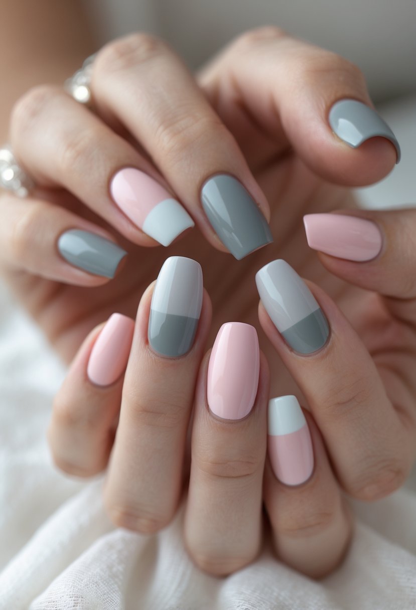 Close-up of hands with pastel pink and muted gray color block painted nails.