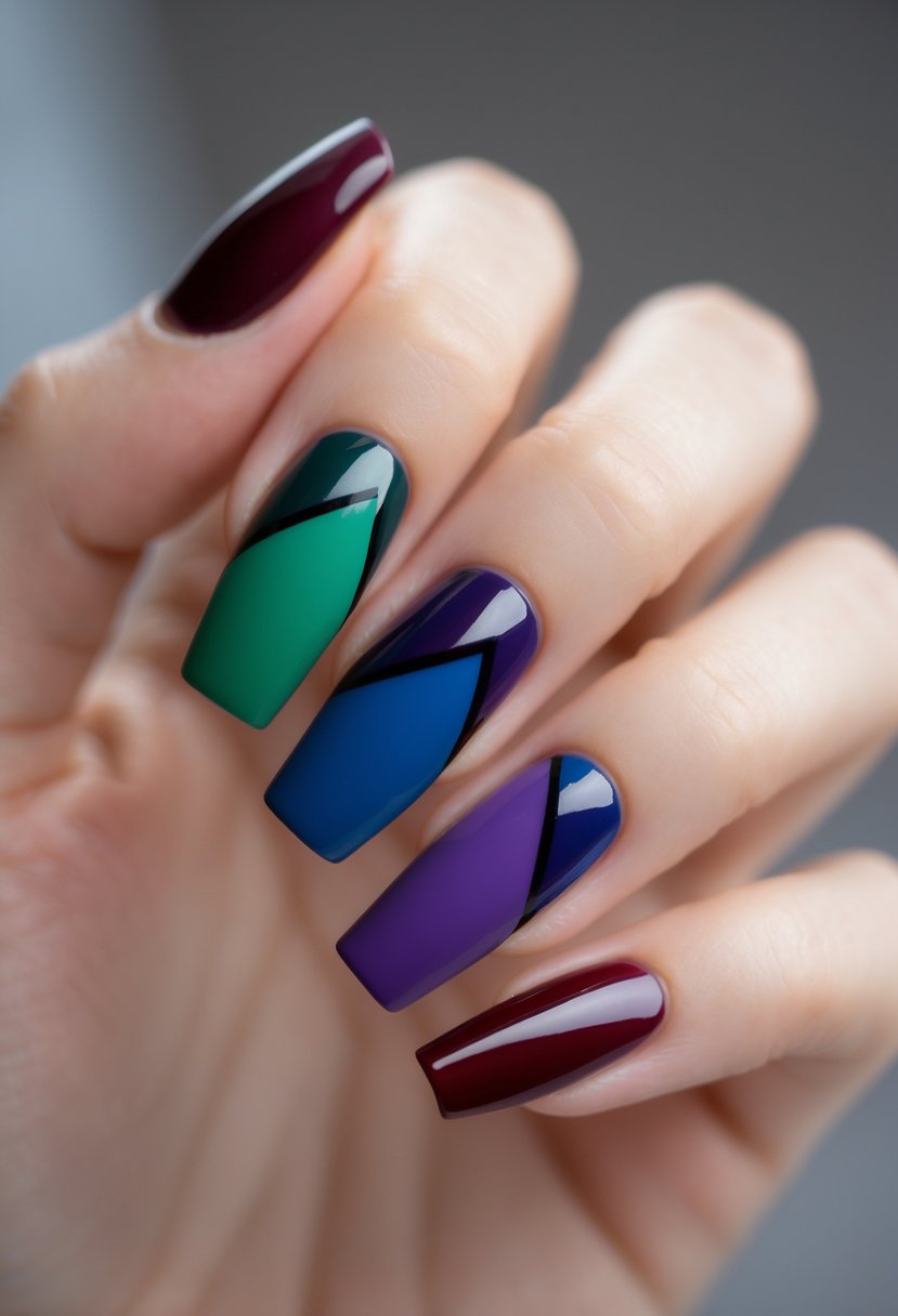 Close-up of a hand with nails painted in deep jewel tone color blocks in green, blue, purple, and red.