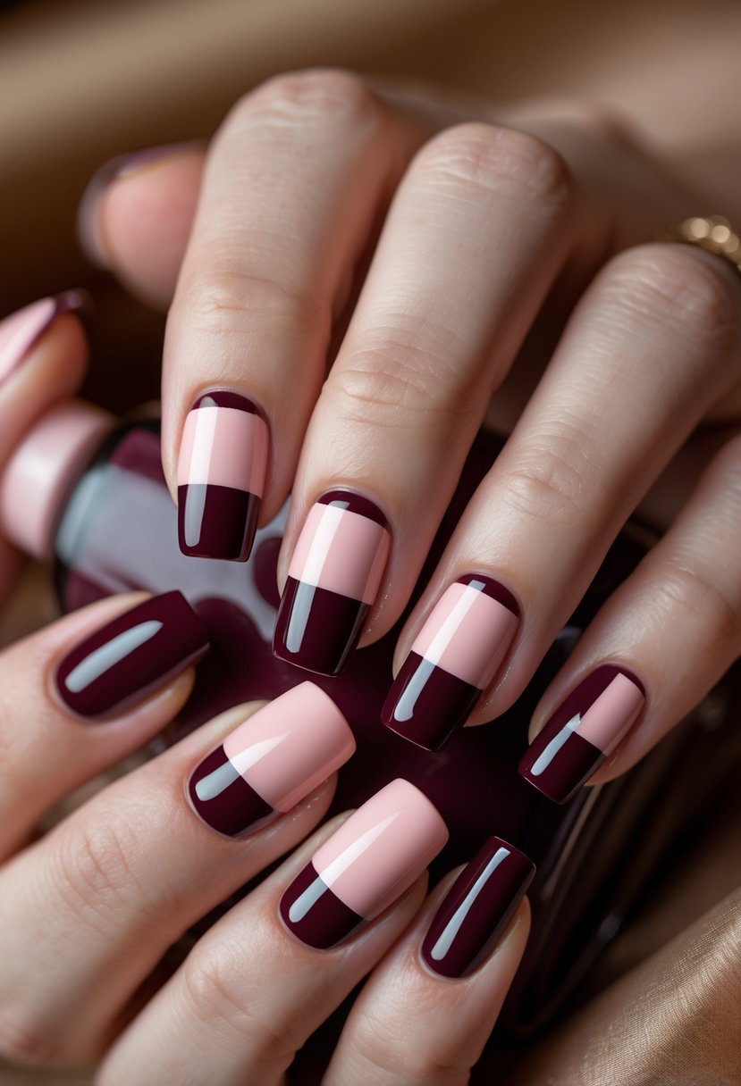 Close-up of hands with maroon and blush pink color block painted nails.