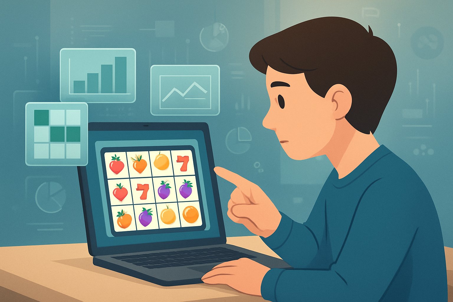 Seorang pemula duduk di depan laptop yang menampilkan mesin slot dengan grafik pola di sekitarnya, menunjukkan proses belajar memahami pola slot online.