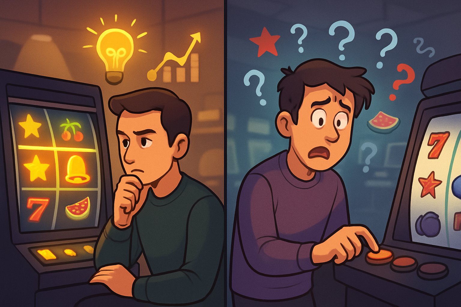 Seseorang menganalisis pola pada mesin slot dengan fokus, sementara orang lain menekan tombol mesin slot secara acak dengan ekspresi bingung di latar belakang kasino.