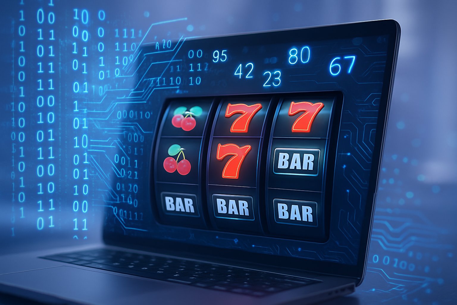 Tampilan mesin slot digital dengan simbol berputar di layar perangkat, dikelilingi oleh elemen digital abstrak yang melambangkan teknologi RNG.