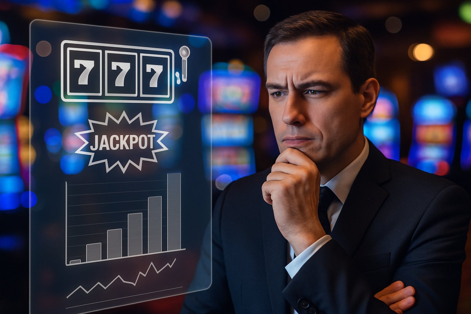 Seseorang berpakaian rapi sedang melihat layar digital transparan dengan grafik dan simbol mesin slot di latar belakang kasino.