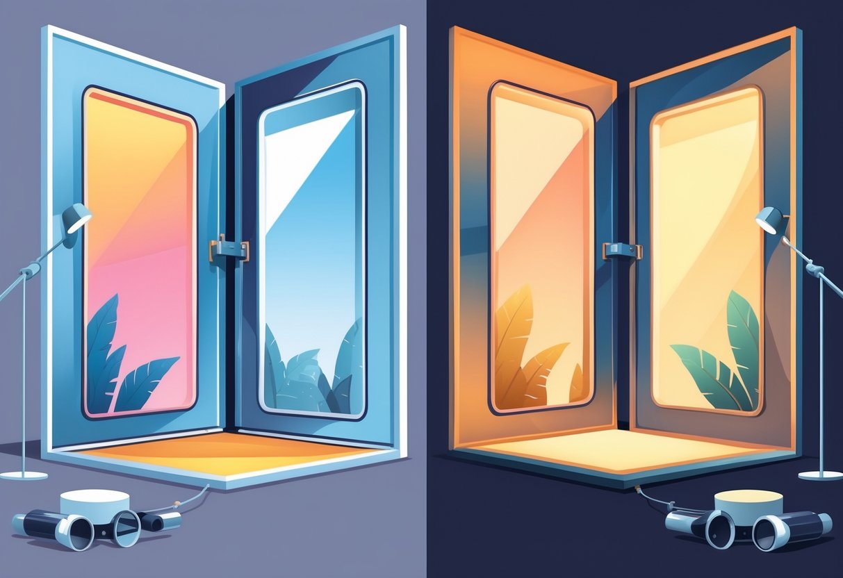 Two identical scenes side by side with different frames, one bright and inviting, the other dark and restrictive, illustrating how presentation changes perception.