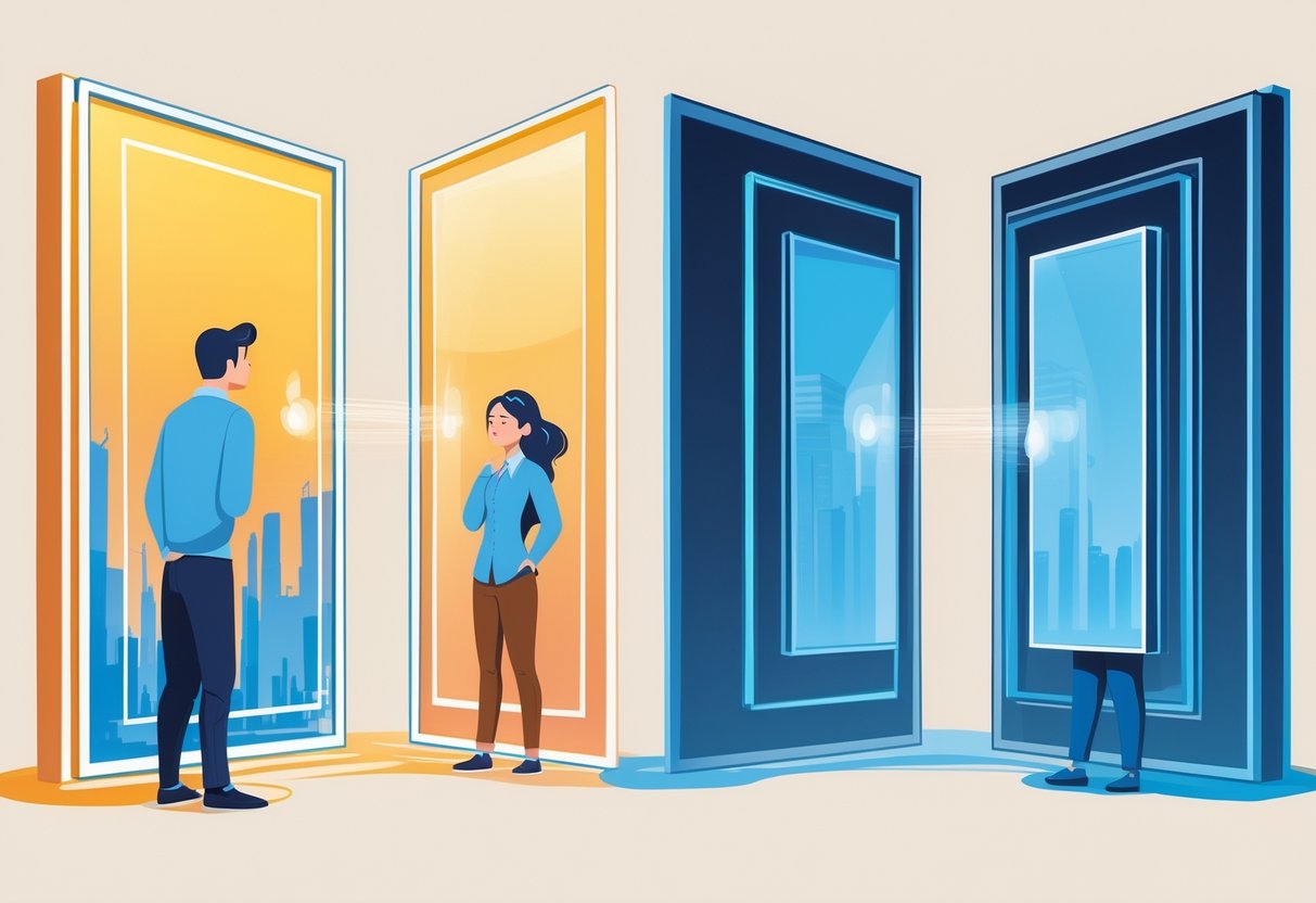 A person observing two identical scenes side by side, each framed differently to show how presentation changes perception.