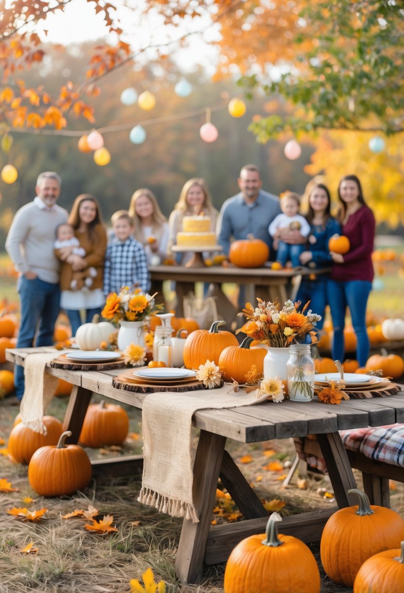 Outdoor pumpkin patch party with autumn decorations, families celebrating a baby shower surrounded by pumpkins, flowers, and fall leaves.