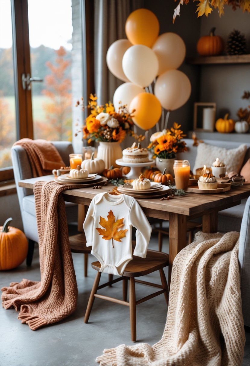 A cozy indoor baby shower setup with autumn decorations, pumpkins, knitted sweaters, floral arrangements, and seasonal treats on a wooden table.