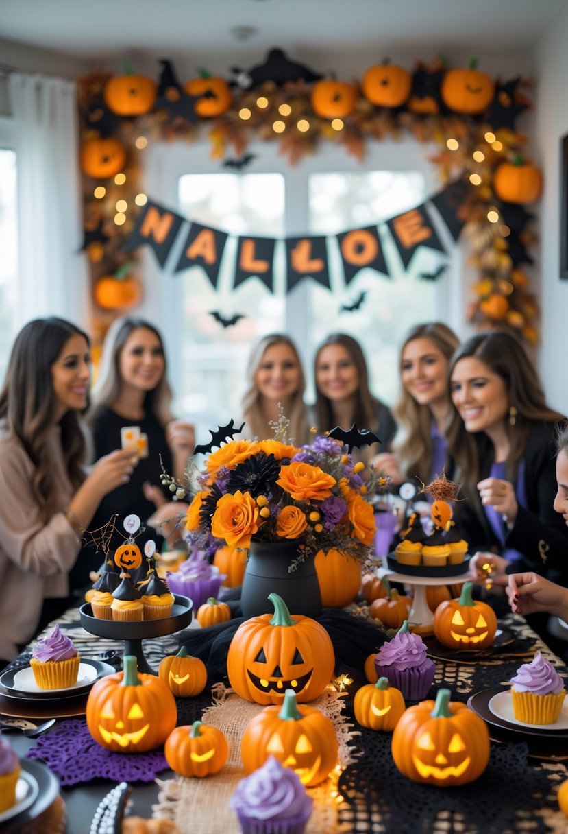 A decorated indoor baby shower with Halloween-themed decorations including pumpkins, ghosts, bats, cupcakes, and autumn flowers, with guests celebrating around a festive table.