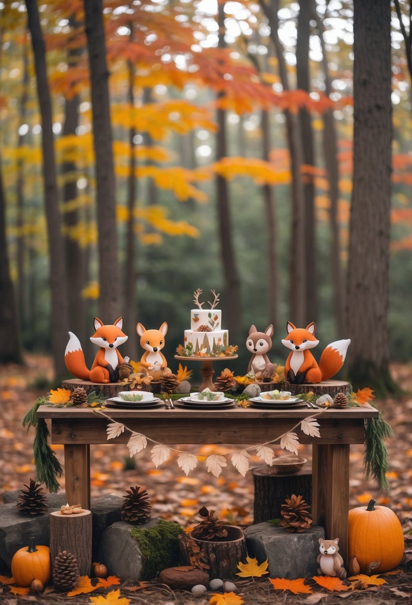 A woodland-themed baby shower setup outdoors with autumn leaves, rustic decorations, and figurines of forest animals like foxes, deer, and owls.