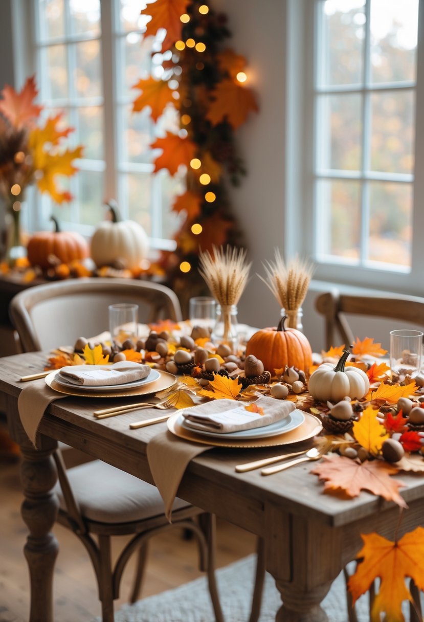 A cozy autumn baby shower setup with colorful fallen leaves, acorns, small pumpkins, and rustic table decorations.