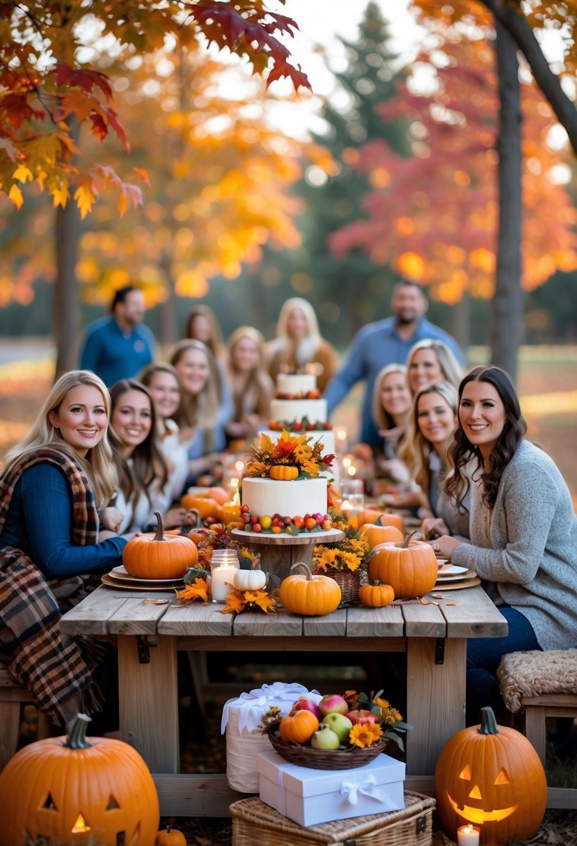 An outdoor baby shower decorated with pumpkins, fall leaves, candles, and rustic wooden tables surrounded by guests enjoying an autumn celebration.