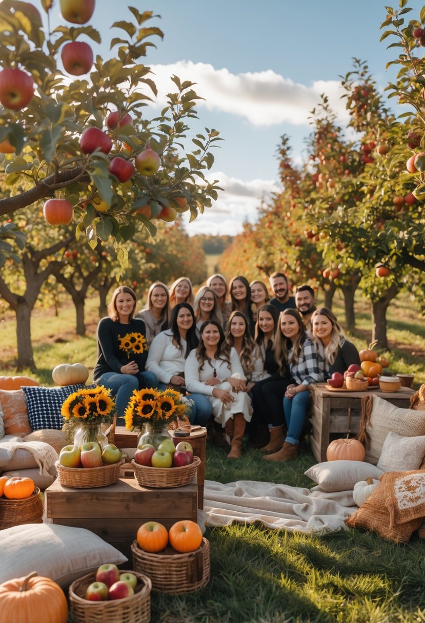 People gathered in an apple orchard celebrating a baby shower with autumn decorations and apple-themed setup.