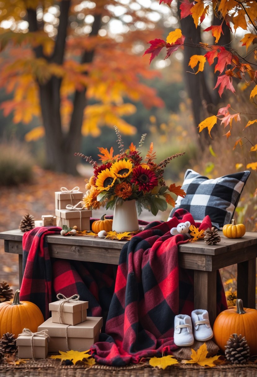 A cozy baby shower table decorated with red and black flannel blankets, autumn leaves, pumpkins, pinecones, and baby-themed items surrounded by fall foliage.