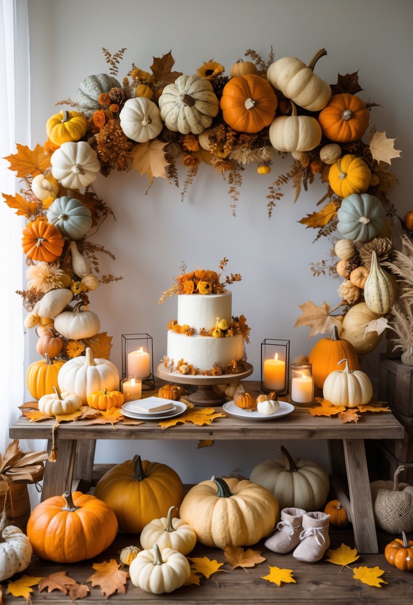 A baby shower table decorated with pumpkins, gourds, autumn leaves, garlands, candles, and baby shower items.