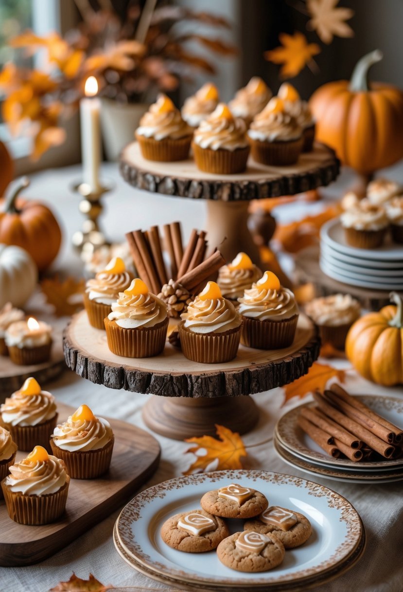 A table set with caramel and cinnamon sweets, pumpkins, dried leaves, and candles for an autumn baby shower.
