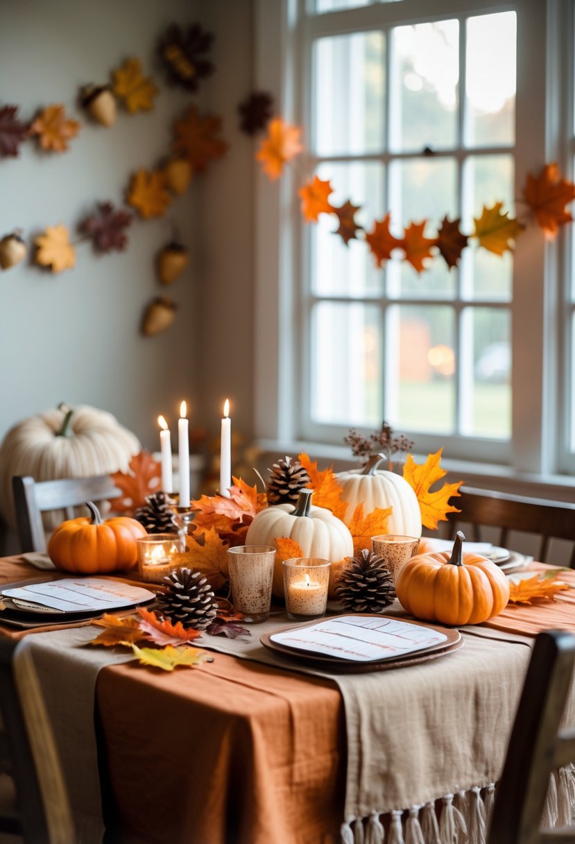 A cozy indoor baby shower setup with fall decorations including pumpkins, leaves, pinecones, candles, and a trivia game on a wooden table.