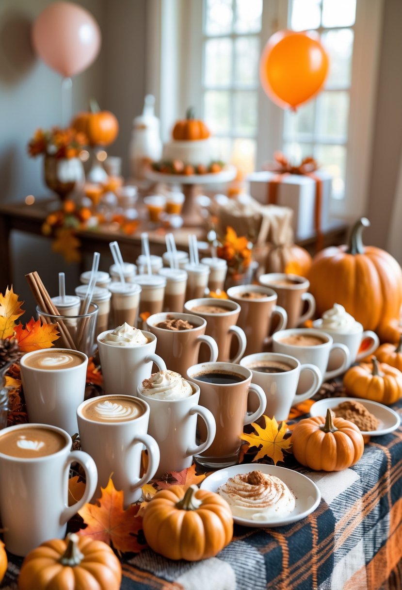 A cozy table setup with pumpkin spice latte ingredients and autumn decorations for a baby shower.