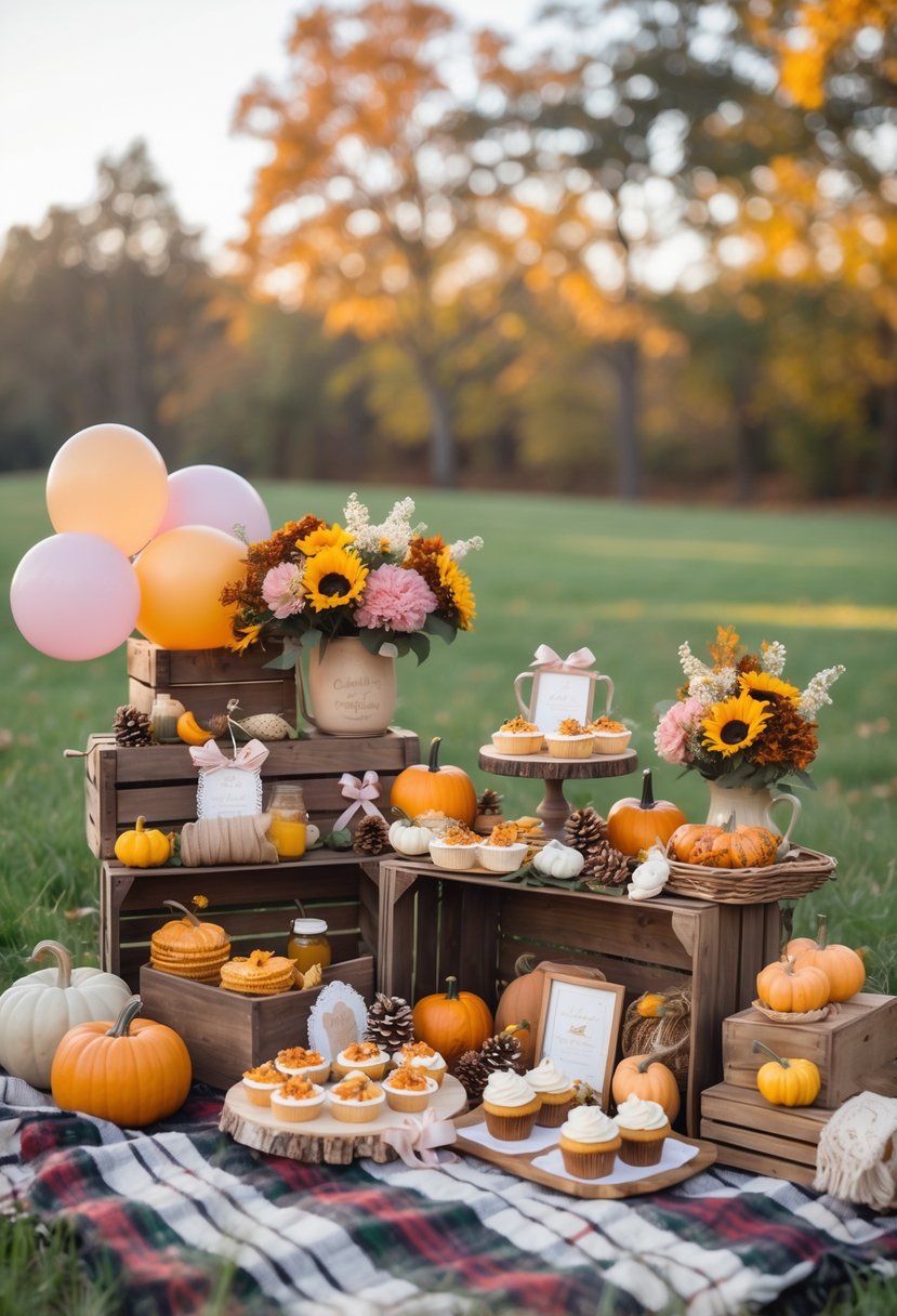 Outdoor picnic setup with a plaid blanket, autumn decorations, baby shower items, and fall-themed treats on grass surrounded by fall foliage.