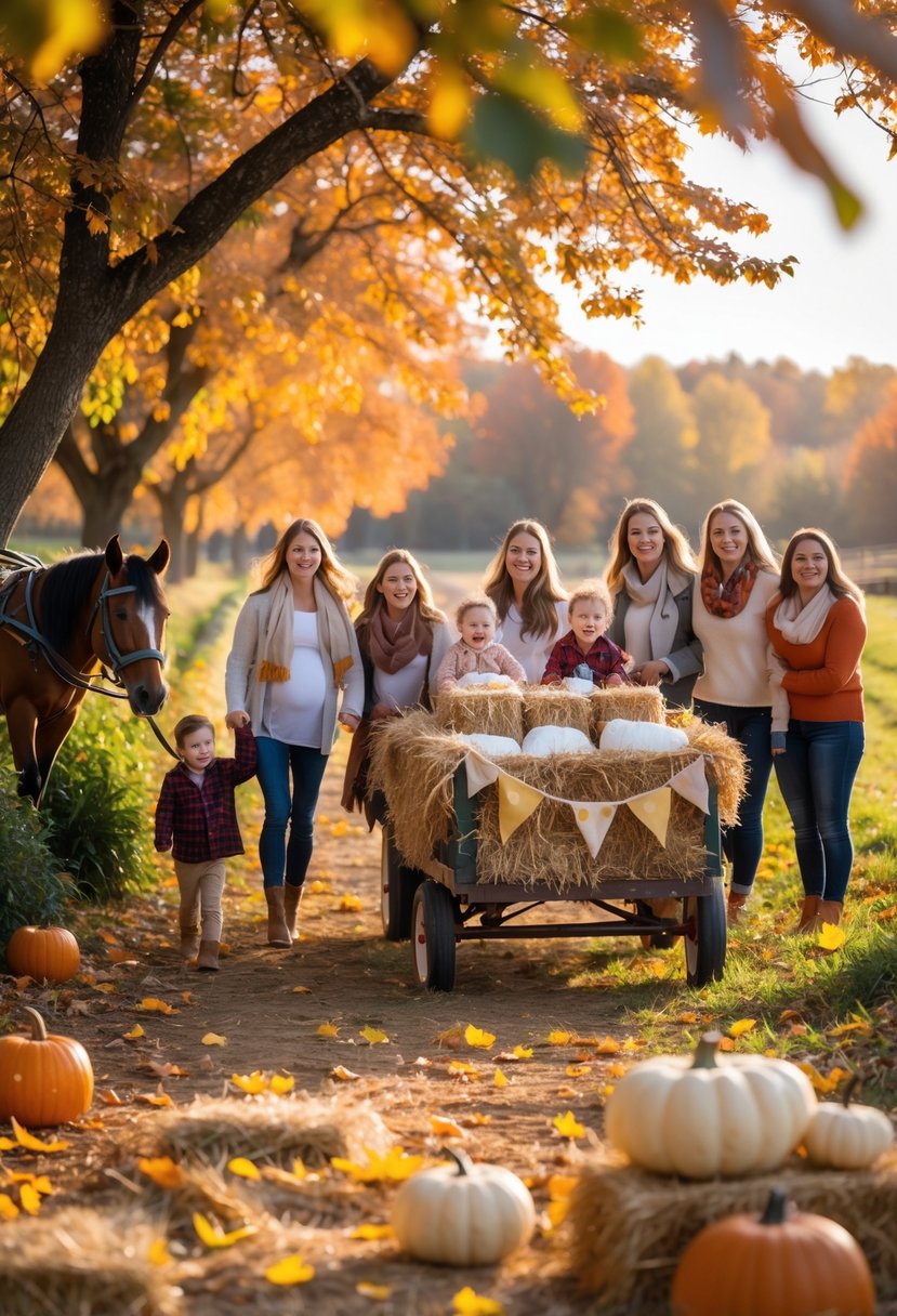 A mini hayride with a decorated wagon carrying happy people celebrating a baby shower outdoors in an autumn setting with colorful fall trees and pumpkins.