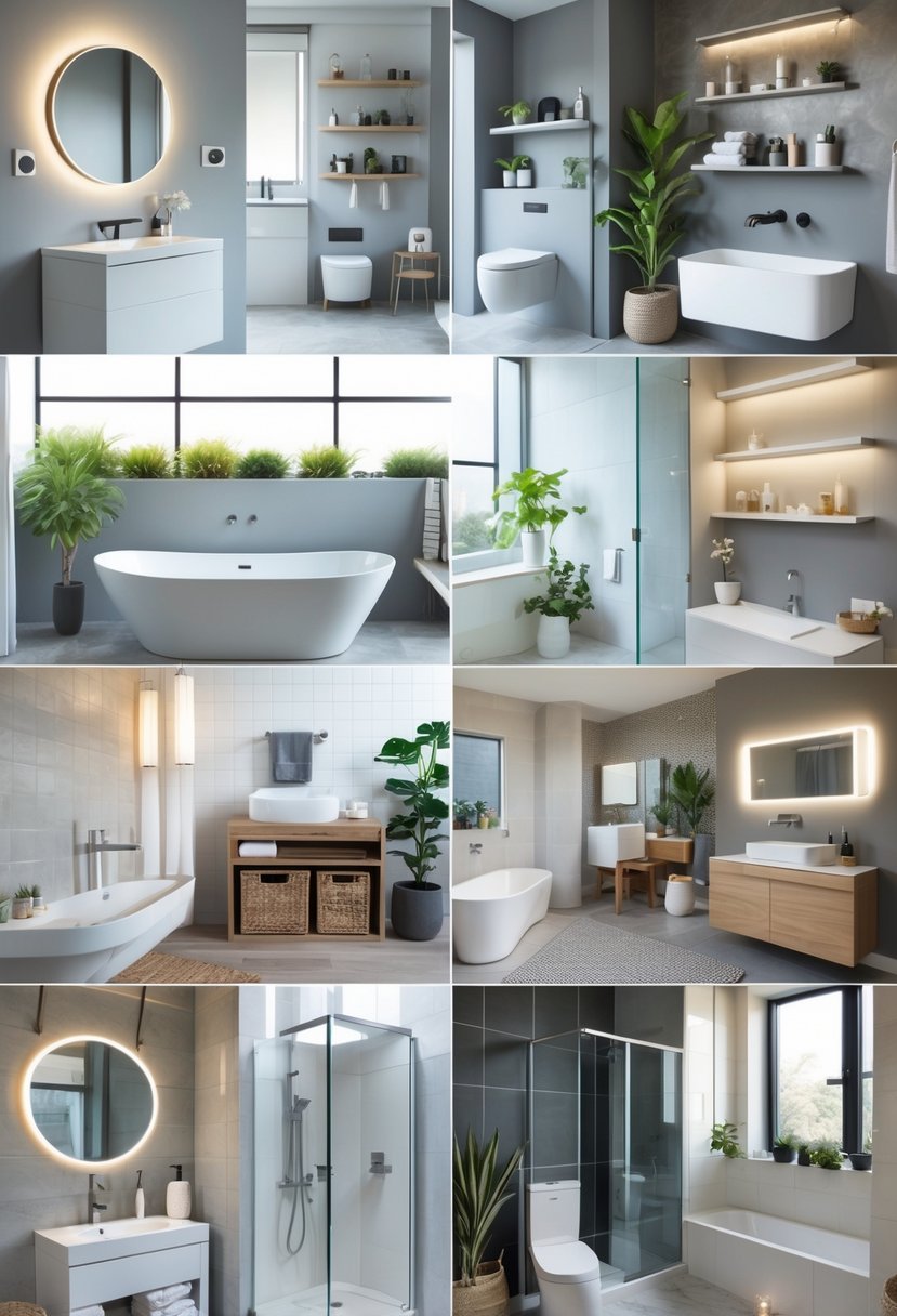 A collage of 15 different small full bathrooms showing various decor ideas including vanities, mirrors, showers, bathtubs, lighting, and storage solutions.