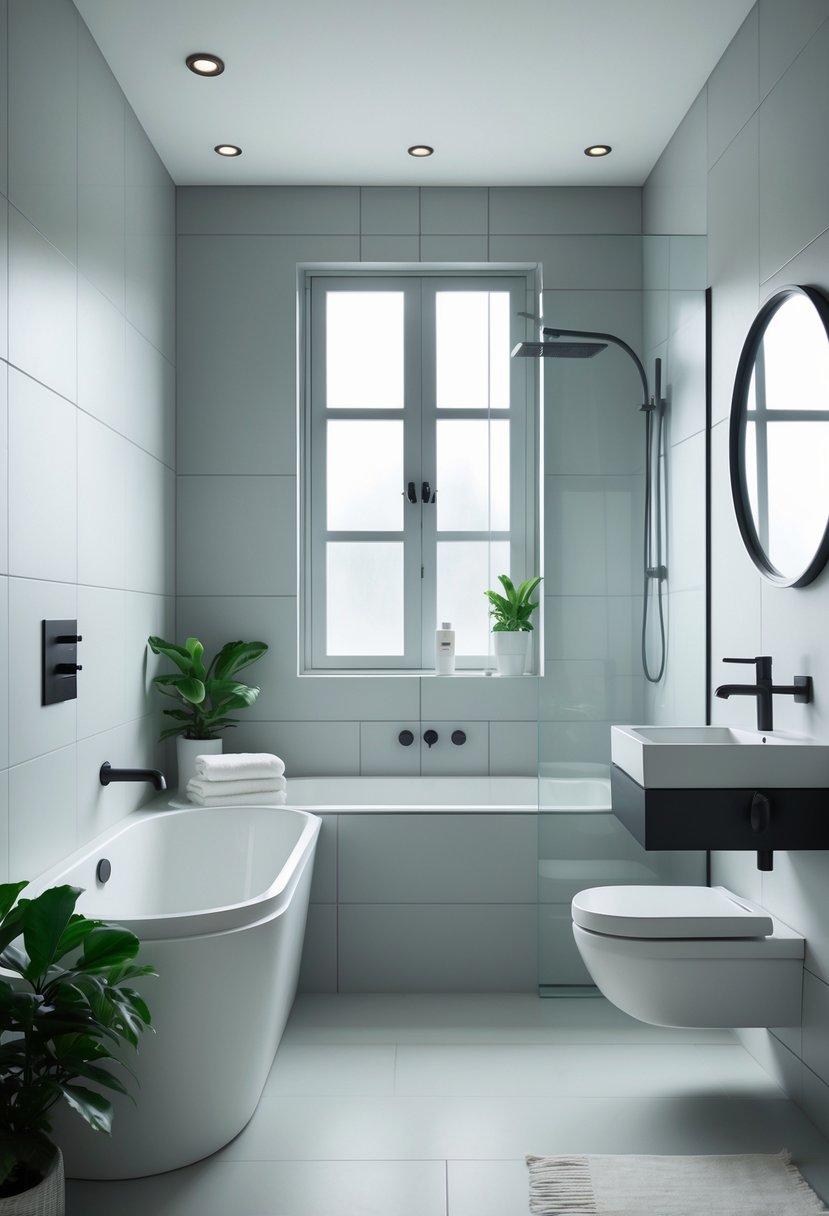 Small bathroom with bathtub, sink, shower, and window, decorated in shades of gray and white.