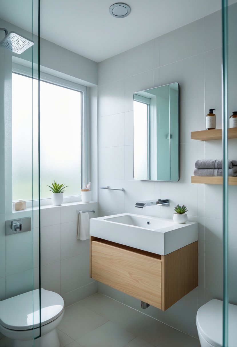 Small full bathroom with a floating vanity, clear glass shower, and neatly arranged toiletries.