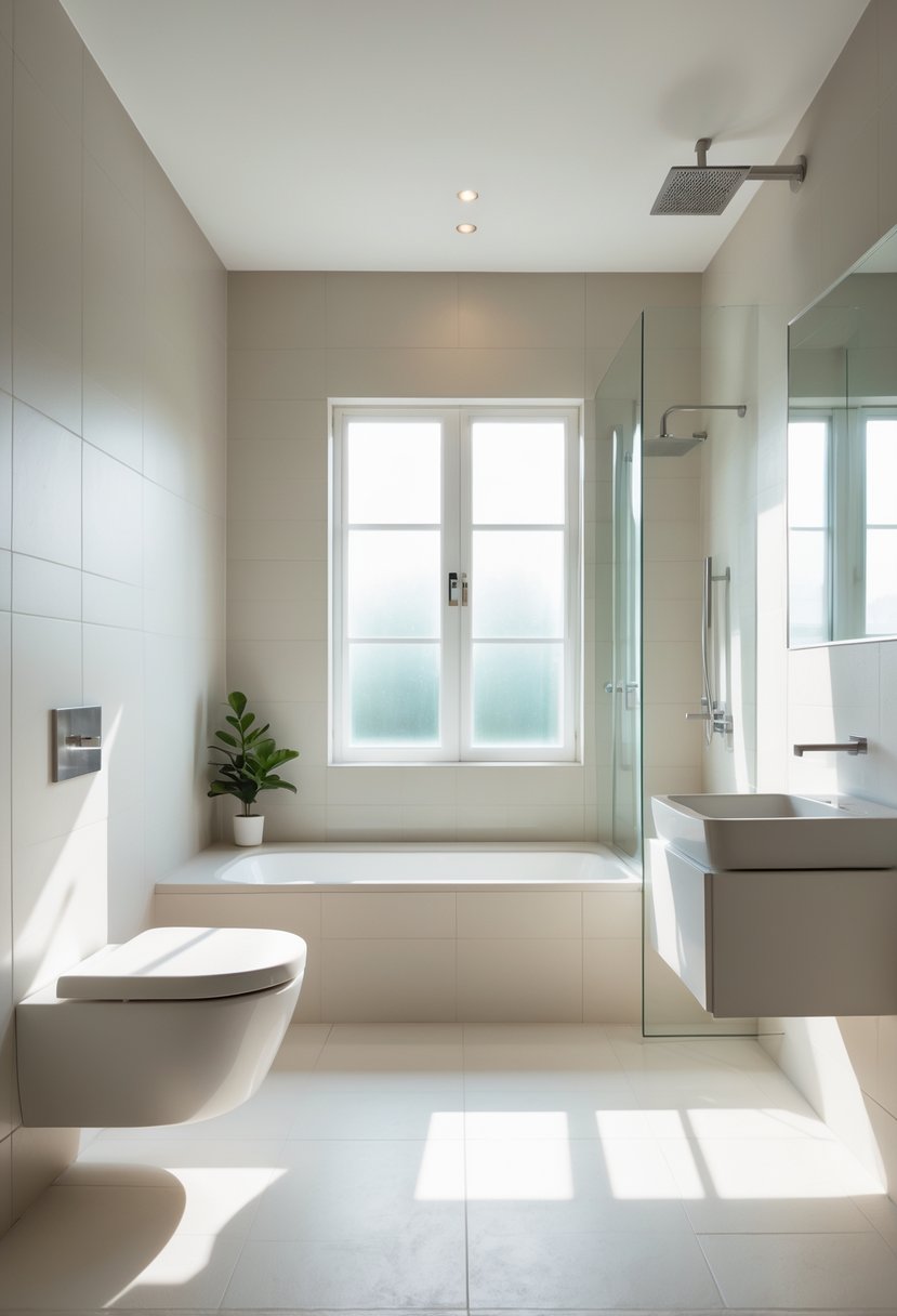 Small bathroom with a bathtub, floating vanity, glass shower, and large seamless floor tiles.