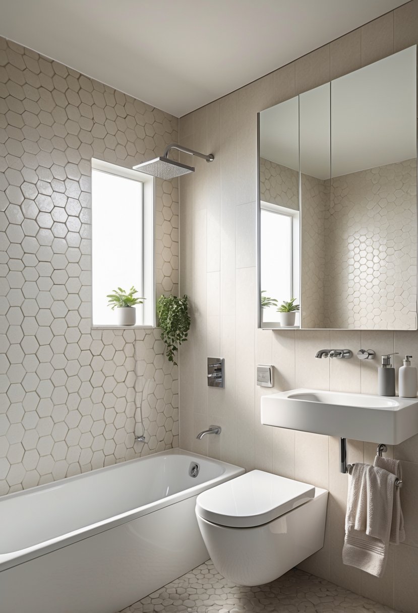 A small full bathroom with hexagon patterned tiles, a white bathtub, wall-mounted sink, mirror, and simple decor.