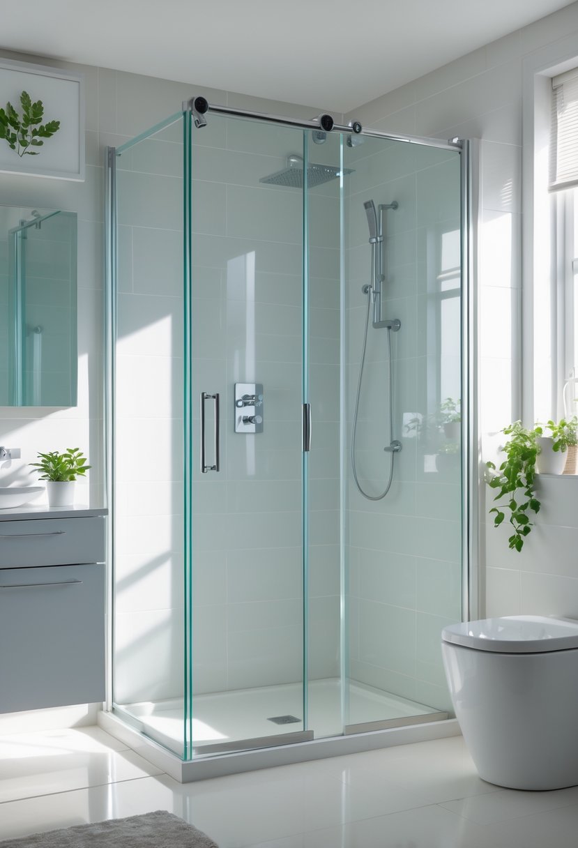 Small bathroom with frameless glass shower doors, a white vanity, and light-colored tiles, illuminated by natural light.
