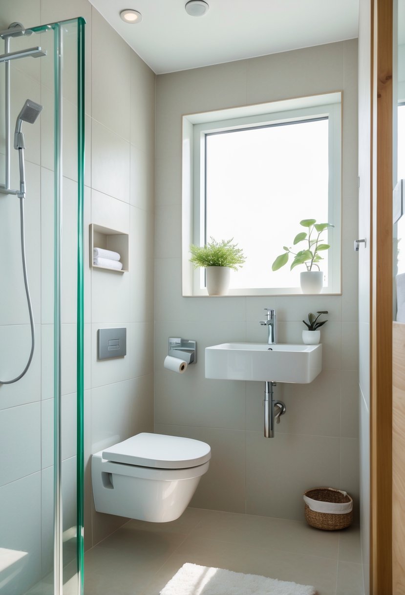 Small full bathroom with a wall-mounted toilet, wall-mounted sink, glass shower, and minimalist decor.
