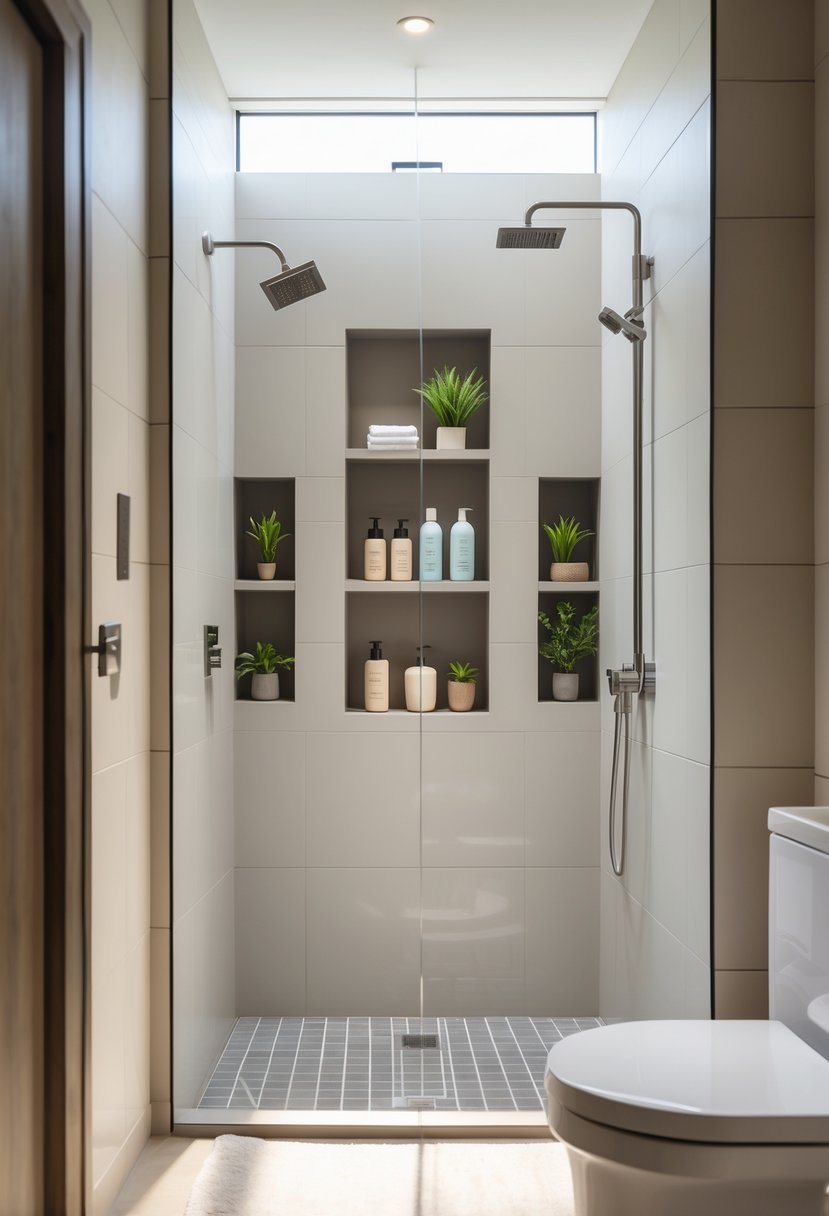 A small full bathroom with a walk-in shower that has built-in niche shelving holding toiletries and decorative plants.