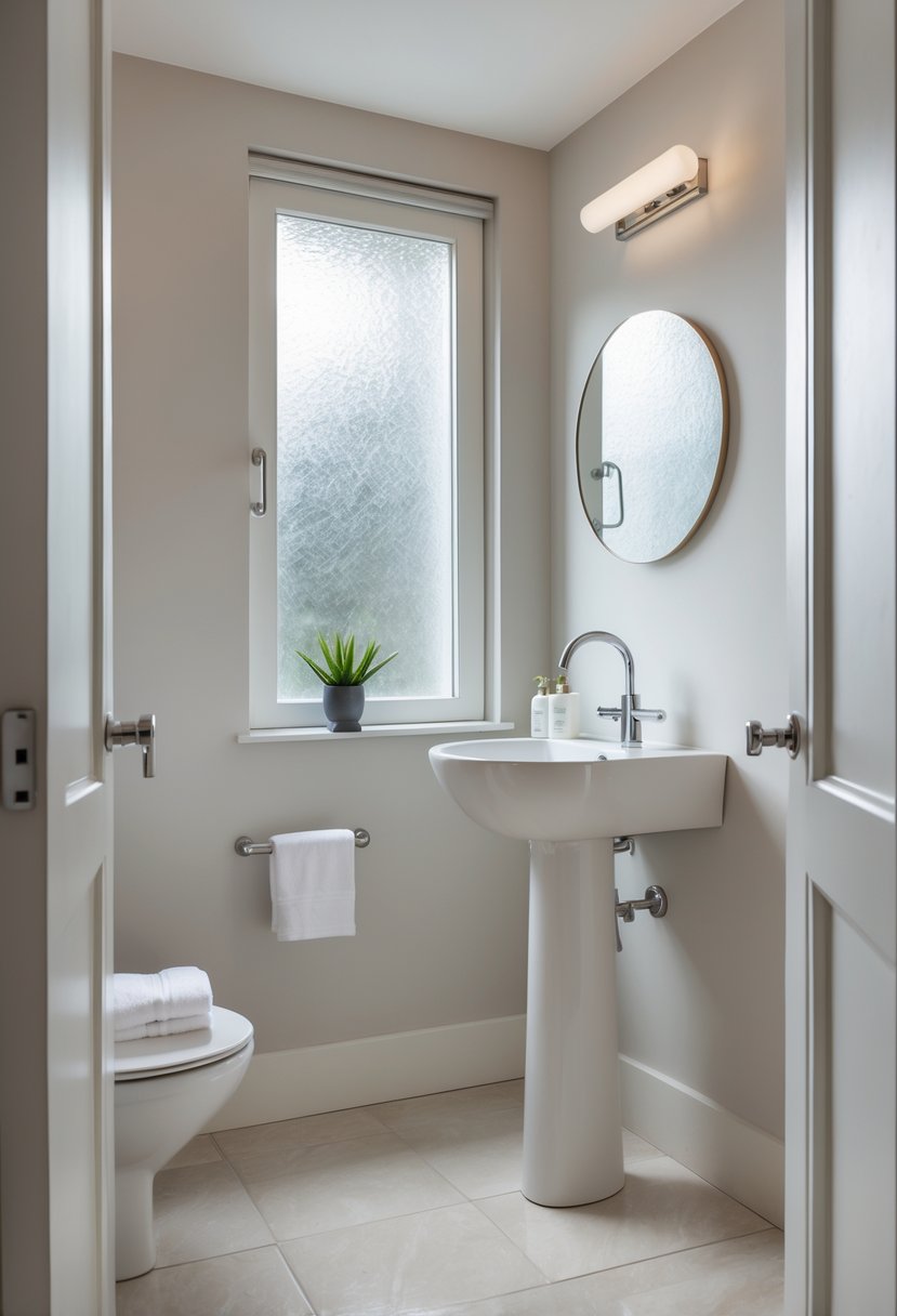 A small bathroom with a slim white pedestal sink, a round mirror, and natural light coming through a window.