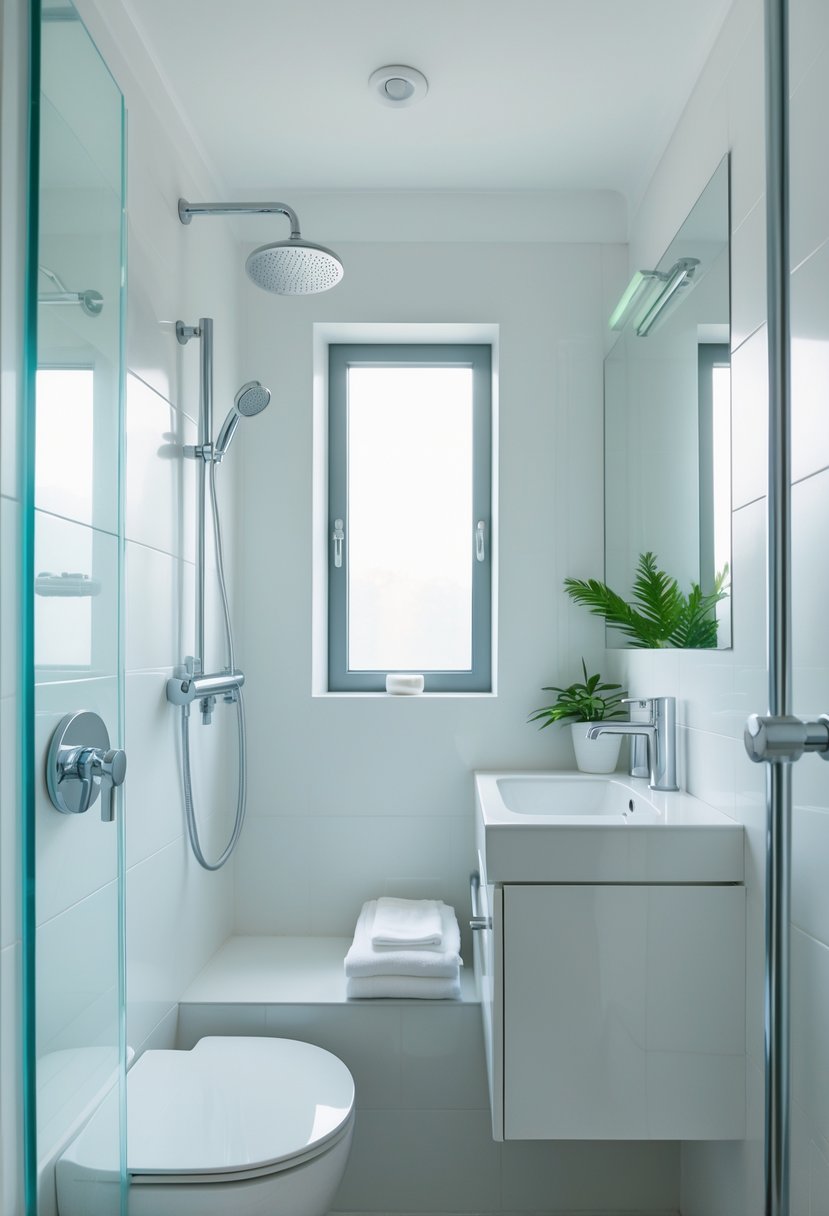 Small bathroom with chrome fixtures, white vanity, glass shower, and a potted plant.