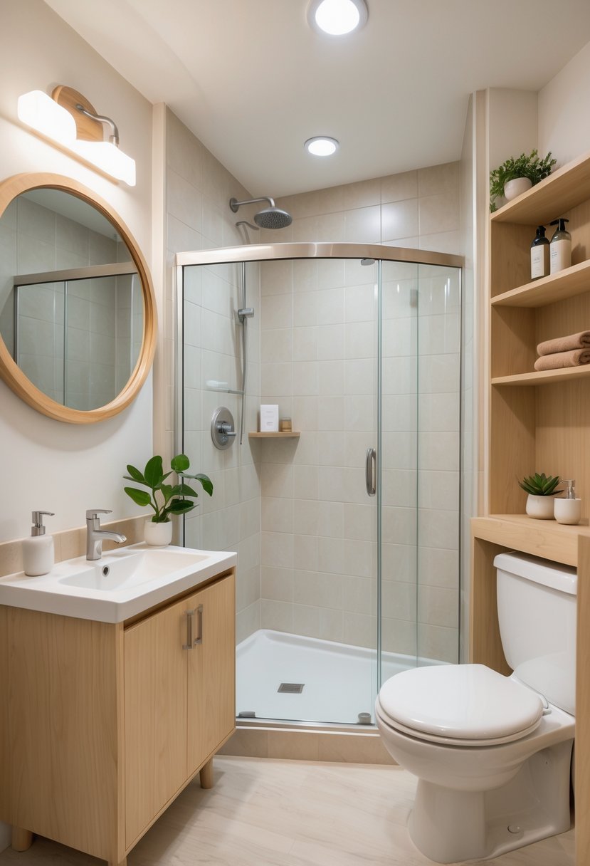 Small full bathroom with light wood vanity, round mirror, clear glass shower, and simple decor.