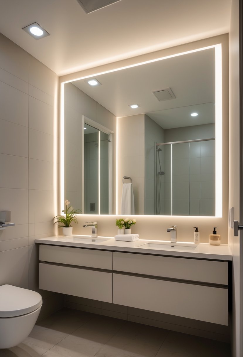 A small full bathroom with LED backlit mirrors, a modern vanity, and decorative plants.