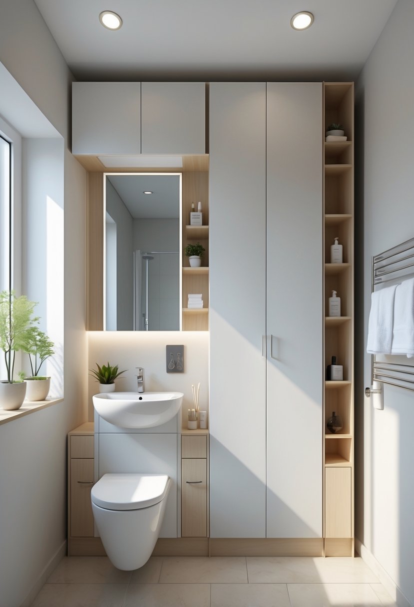 Small full bathroom with vertical storage cabinets extending to the ceiling, a sink, mirror, and natural light.