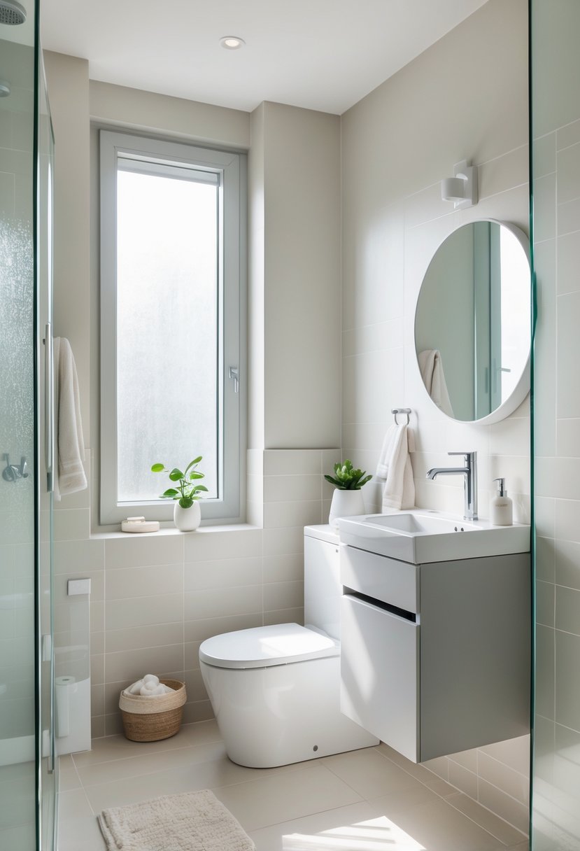 A small full bathroom with soft-close cabinets, a white sink, round mirror, and natural light coming through a frosted window.