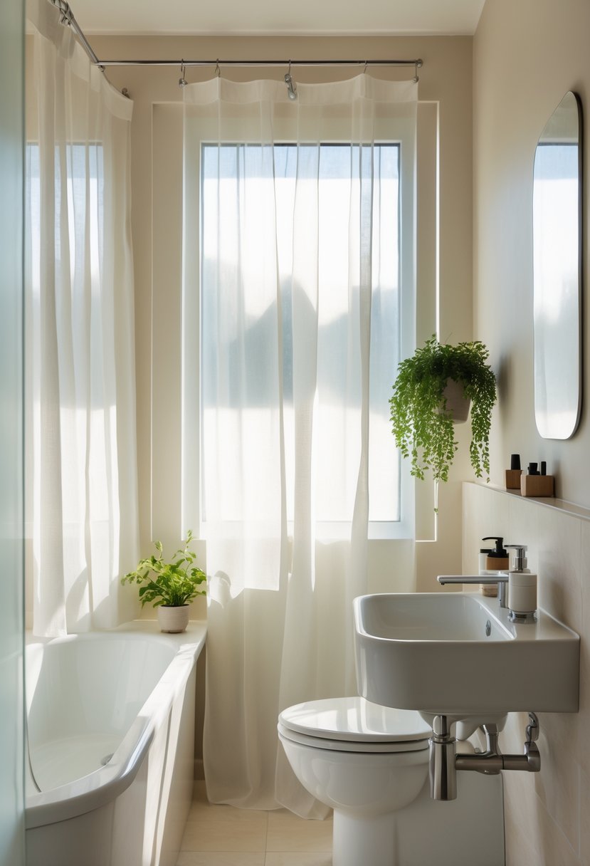 Small full bathroom with translucent window treatments allowing natural light, featuring a sink, bathtub, and simple decor.