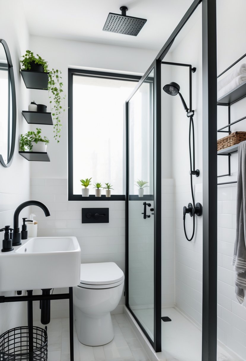 Small full bathroom with white fixtures and matte black hardware accents including faucets, handles, and showerhead.