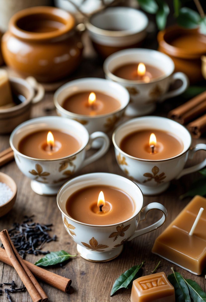 Several tea cups filled with caramel colored candles burning softly, surrounded by cinnamon sticks, caramel drizzle, and candle-making supplies on a wooden surface.