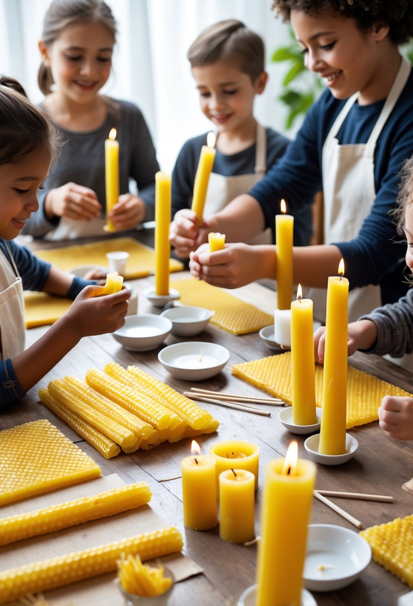 Children and adults making taper candles together at a table with beeswax sheets and crafting tools.