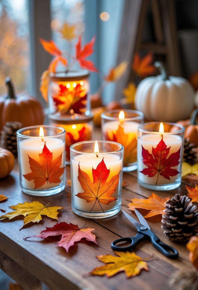 Glass candle jars decorated with autumn leaves on a wooden table surrounded by craft supplies and fall decorations.